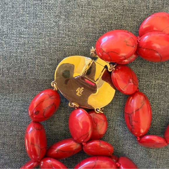 Ralph Lauren NECKLACE. Multi strand Red Howlite Oval Stone Gold Vermeil Clasp - Picture 2 of 5